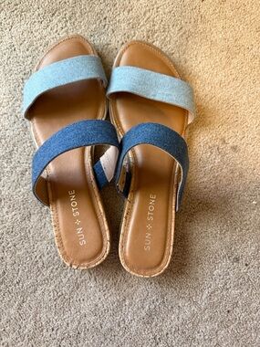 Sun + Stone Blue and Light Blue Two-Band Denim Slide Sandals
